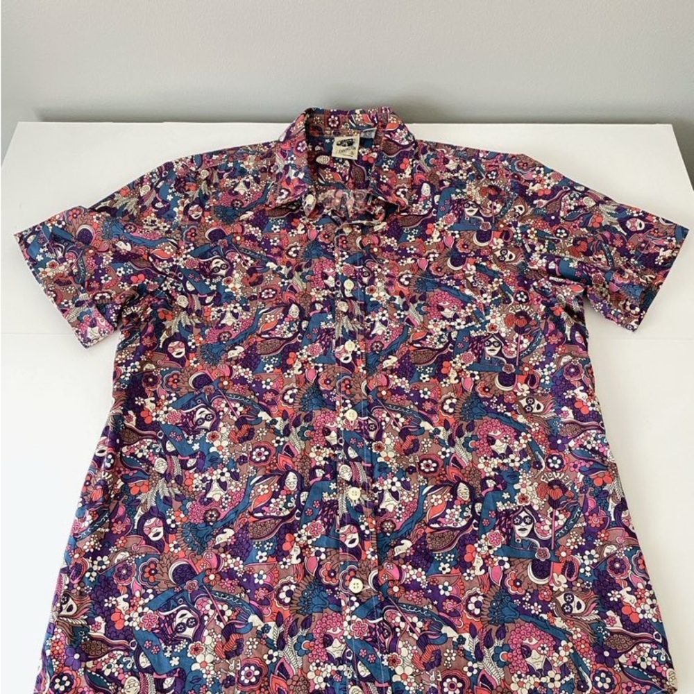 Kennington Floral Psychedelic Button Down Shirt Size L Cotton 60s 70s Retro